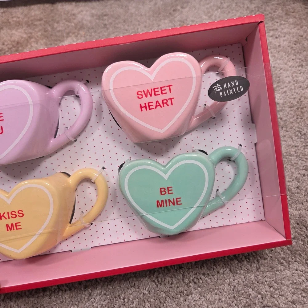 Valentine's Conversation Hearts Espresso Cups Set of 4 Hand Painted‎ - NEW